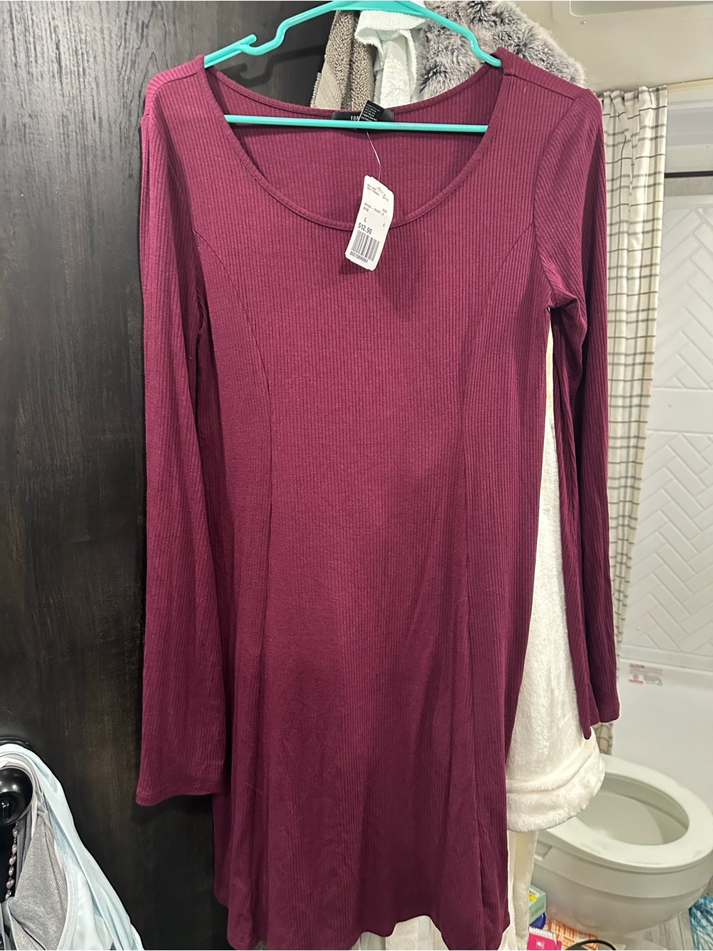 Ribbed Long Sleeve Scoop Neck Dress - Berry